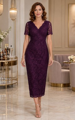 Robe de cocktail midi fourreau prune à manches courtes en dentelle et col en V