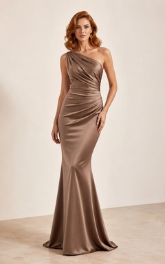Mocha one shoulder ruched satin mermaid floor length evening dress
