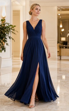 Elegant Dark Navy Chiffon Prom A Line Floor Length V Neck Split Gown