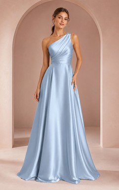 Hellblaues Satin-Abendkleid mit One-Shoulder-Ausschnitt, A-Linie und Drapierung