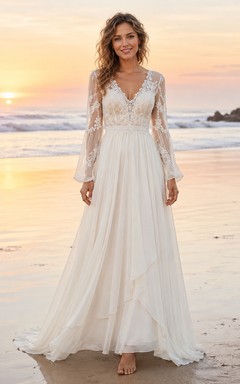Boho V Neck Long Bell Lace Sleeve High Low Chiffon Beach Wedding Gown