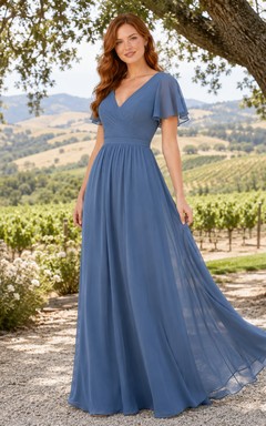 Steel Blue Chiffon A-Line V-Neck Flutter Sleeve Pleated Low Back Floor-Length Bridesmaid Dress