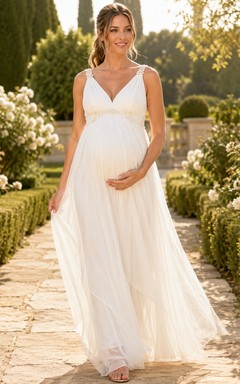 Robe de mariée légère d'été pour maternité, col V, bretelles spaghetti, tulle, coupe empire, style champêtre
