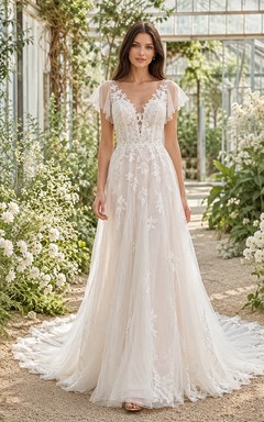 Rustic V Neck Flutter Lace Sleeve A Line Chapel Outdoor Wedding Dress
