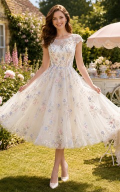 Cap Sleeve Floral Tea Length English Garden Wedding Dress