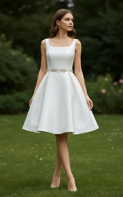 Robe de mariée mini en satin à col carré ornée de bijoux