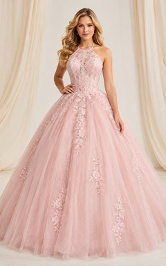 Robe de bal de princesse rose poudré de luxe, dos nu, col montant, lacets floraux, pour les 16 ans.