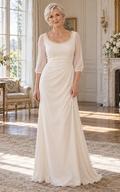 Older Brides Pearl Neckline Three Quarter Sleeve Satin Sheath Floor Length Minimal Second Wedding Dress