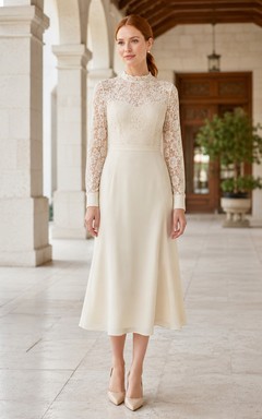 Cream Lace Sleeve High Neck Temple Ceremony Midi Dress