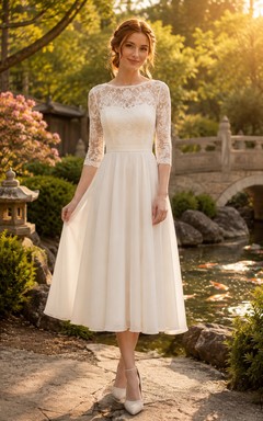 Modest Illusion Lace Three Quarter Sleeve Tea Length Wedding Dress