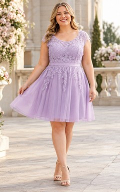 Lavender Tulle Lace Square-Neck Short-Sleeve A-Line Short Plus-Size Homecoming Dress