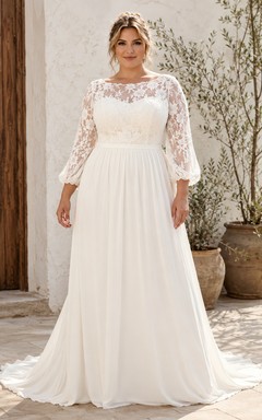 Robe de mariée bohème grande taille, manches longues bouffantes en dentelle, en mousseline, coupe trapèze, style bateau.