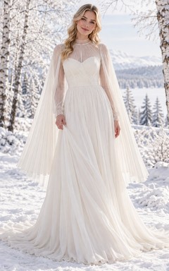 Vestido de novia de invierno de corte A con cuello alto, manga larga y capa plisada transparente