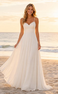 Beach Chiffon Wedding Dress A-Line Spaghetti Strap Floor Length Open Back Bridal Gown