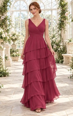 Vestido largo asimétrico de gasa con escote en V y corte en A, color frambuesa, para damas de honor.