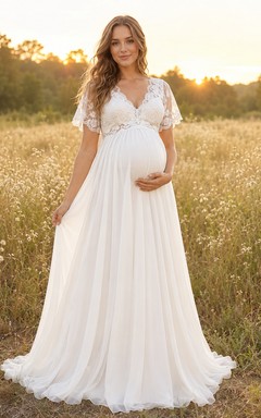 Umstandsbrautkleid mit V-Ausschnitt, flatternden Spitzenärmeln und Landhaus-Brautkleid