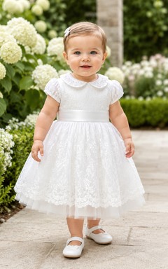 Collared Baptism Dress A-Line Cotton Lace Short Sleeve Knee-Length Scalloped Hem
