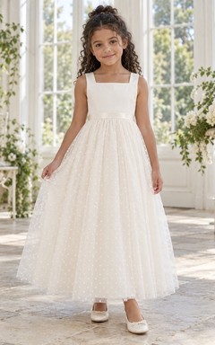 Elfenbeinfarbenes, ärmelloses Blumenmädchenkleid mit quadratischem Ausschnitt, A-Linie, Tüll, Punkten und Schleife am Rücken