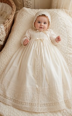 Vestido de bautizo vintage de algodón con encaje, manga larga y corte en A.