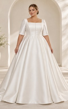 Vestido de novia de satén de corte A con escote cuadrado, mangas cortas y botones.