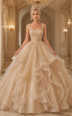 Champagne Metallic Organza Tiered Ruffle Strap Floor-Length Luxury Quinceanera Ball Gown