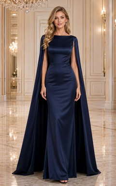 Dark Navy Cape Sleeve Satin Floor Length Evening Gown
