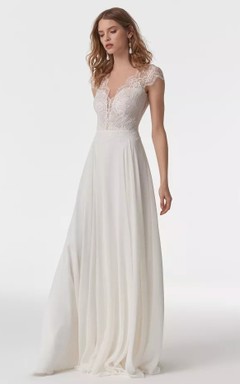 Elegantes A-Linien-Chiffon-Brautkleid mit langen Ärmeln und Illusion-Cap-Ausschnitt sowie Spitze