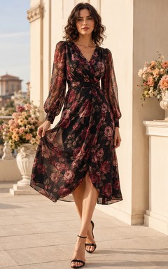 Robe d'invitée asymétrique en mousseline noire bordeaux à fleurs et col en V