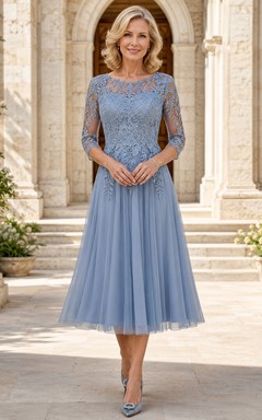 Dusty blue lace bodice tulle tea length mother dress