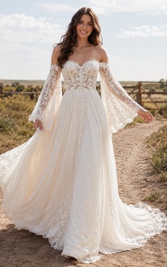 Vestido de novia de tul y encaje campestre, corte en A, hombros descubiertos, manga corta, cola de capilla, espalda baja en V.