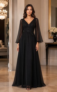 Robe de soirée en mousseline noire, robe longue trapèze à col en V ornée de perles