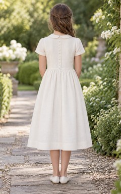 Modest Ivory Tea-length Wide Rounded Collar Short Sleeve Fine Pintucked Flower Girl Dress
