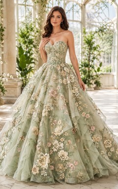 Sage Multicolor Floral Strapless Sweetheart Applique Tulle Ball Gown Sweep Train Dress