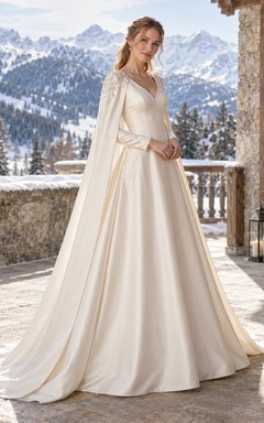 Langärmeliges, V-Ausschnitt-Satin-A-Linien-Winterhochzeits-Cape-Kleid
