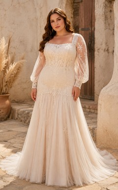 Plus Size Hochzeitskleid mit eckigem Ausschnitt und langen Ärmeln