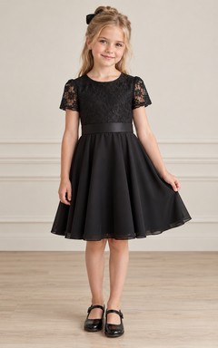 Schlichtes schwarzes Satin-Blumenmädchenkleid mit Rundhalsausschnitt, Spitzenärmeln und Satinärmeln