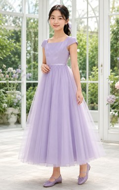 Lavendelfarbenes Brautjungfernkleid für junge Damen, A-Linie, Teelänge, eckige kurze Ärmel, bezaubernd, festlich