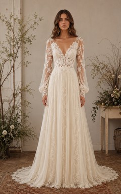 Long Sleeve Lace A-Line Vintage Wedding Dress