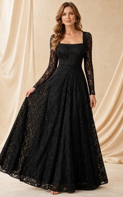 Black Lace Square-Neck Long-Sleeve A-Line Floor-length Romantic Evening-Gown