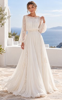 Vestido de novia bohemio con escote barco, manga larga, encaje y gasa, corte A y cola.
