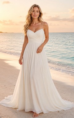 Robe de mariée de plage en mousseline, coupe trapèze, bretelles spaghetti, traîne et dos nu