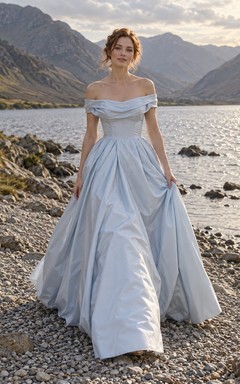 Vestido de novia de tafetán azul cielo con hombros descubiertos y sin mangas