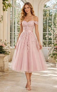 Pink Tulle Lace Off-Shoulder Floral A-Line Tea-Length Romantic Formal Dress