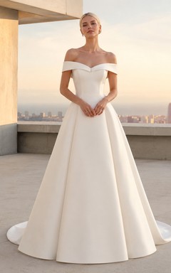 Modern Minimalist Off-Shoulder Satin Ball Gown Elopement Dress