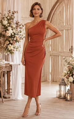 Terracotta One Shoulder Satin Sheath Tea Length Guest Dress