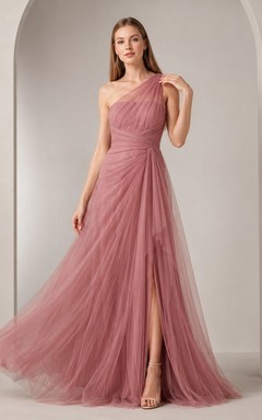Dusty Rose One-Shoulder Sleeveless Tulle A-Line Split Evening Dress