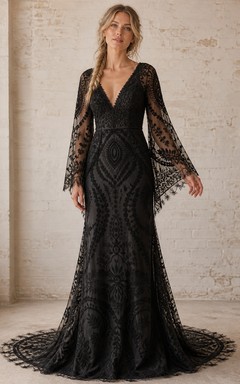 Vestido de noche largo hasta el suelo, negro, estilo bohemio, con estampado gráfico, escote en V y mangas largas, estilo sirena.