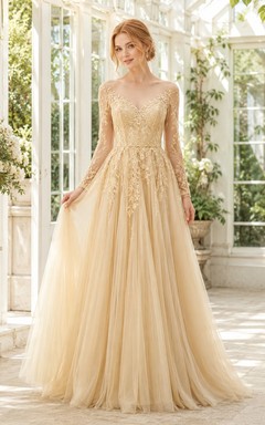 Gold Illusion Bateau Long Sleeve Applique Tulle A-Line Floor-Length Gown