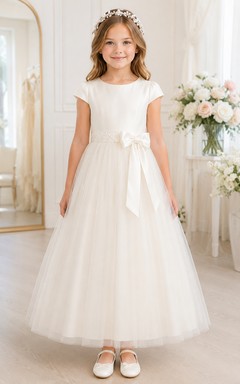 Ivory A-Line Tulle Flower Girl Dress with Floral Details, Bow Sash