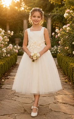 Flower Girl Dress Ivory Lace Tulle A-Line Jewel Neck Tea Length